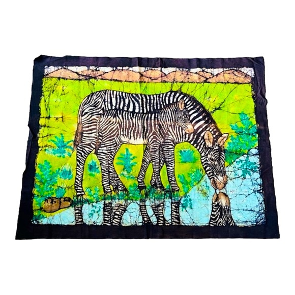 VTG Reversible Batik Wall Window Art Hanging Black Green Zebra Handmade in India